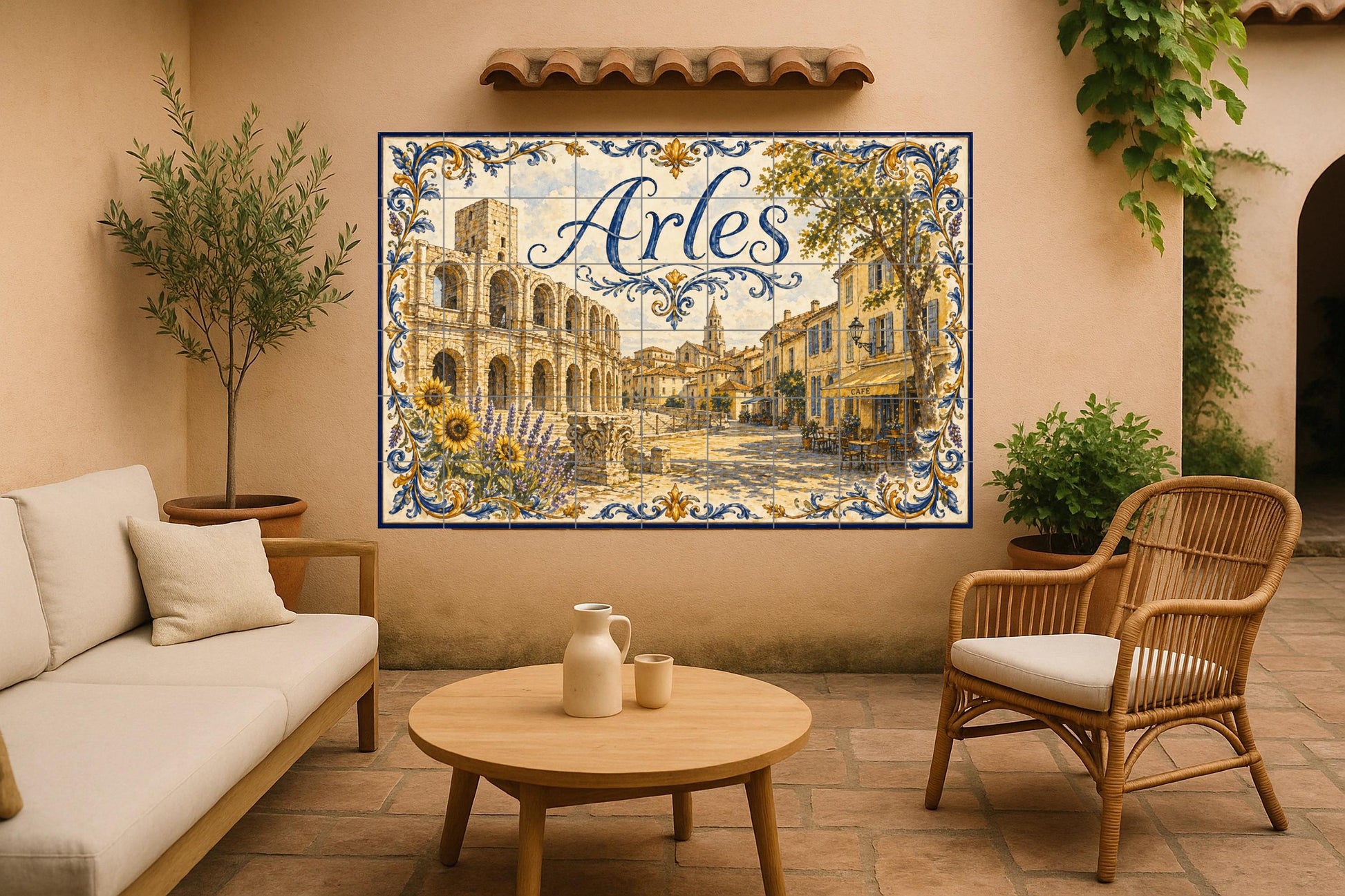 Mural de azulejos de cerámica de Arles, arte mural provenzal con…