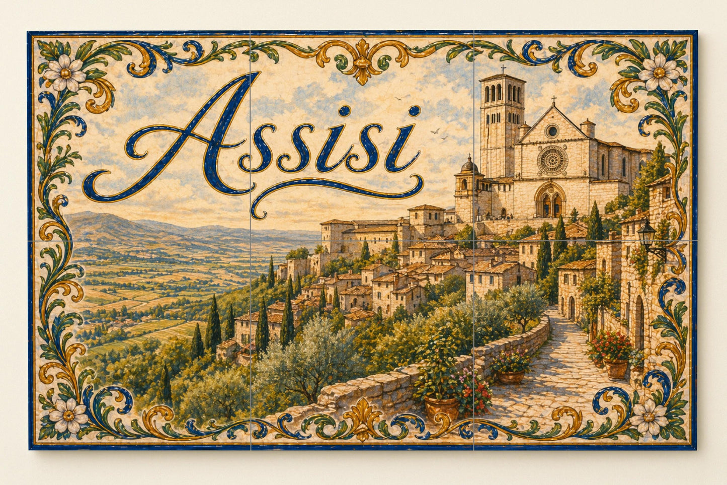 Mural de azulejos de cerámica de Asís, Italia, arte mural campestre…
