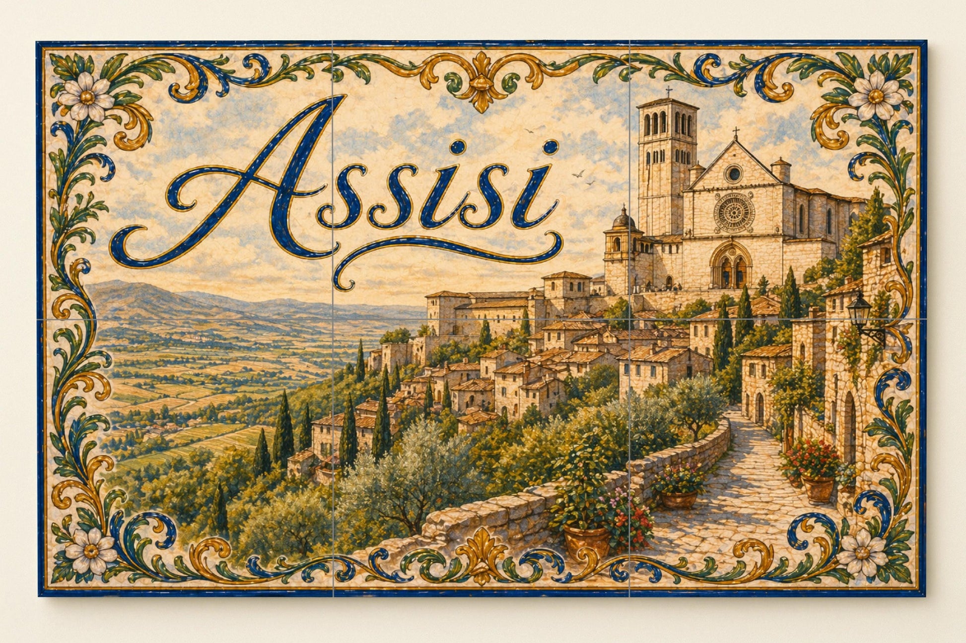Mural de azulejos de cerámica de Asís, Italia, arte mural campestre…