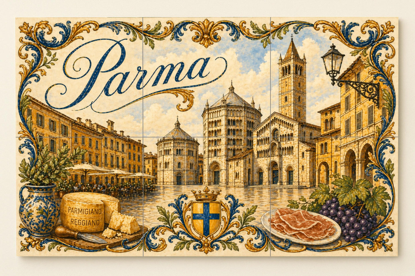 Parma, Italie, Art Mural culinario — Fresque Murale en Carreaux de Céramique · Panneau Mural Ornemental