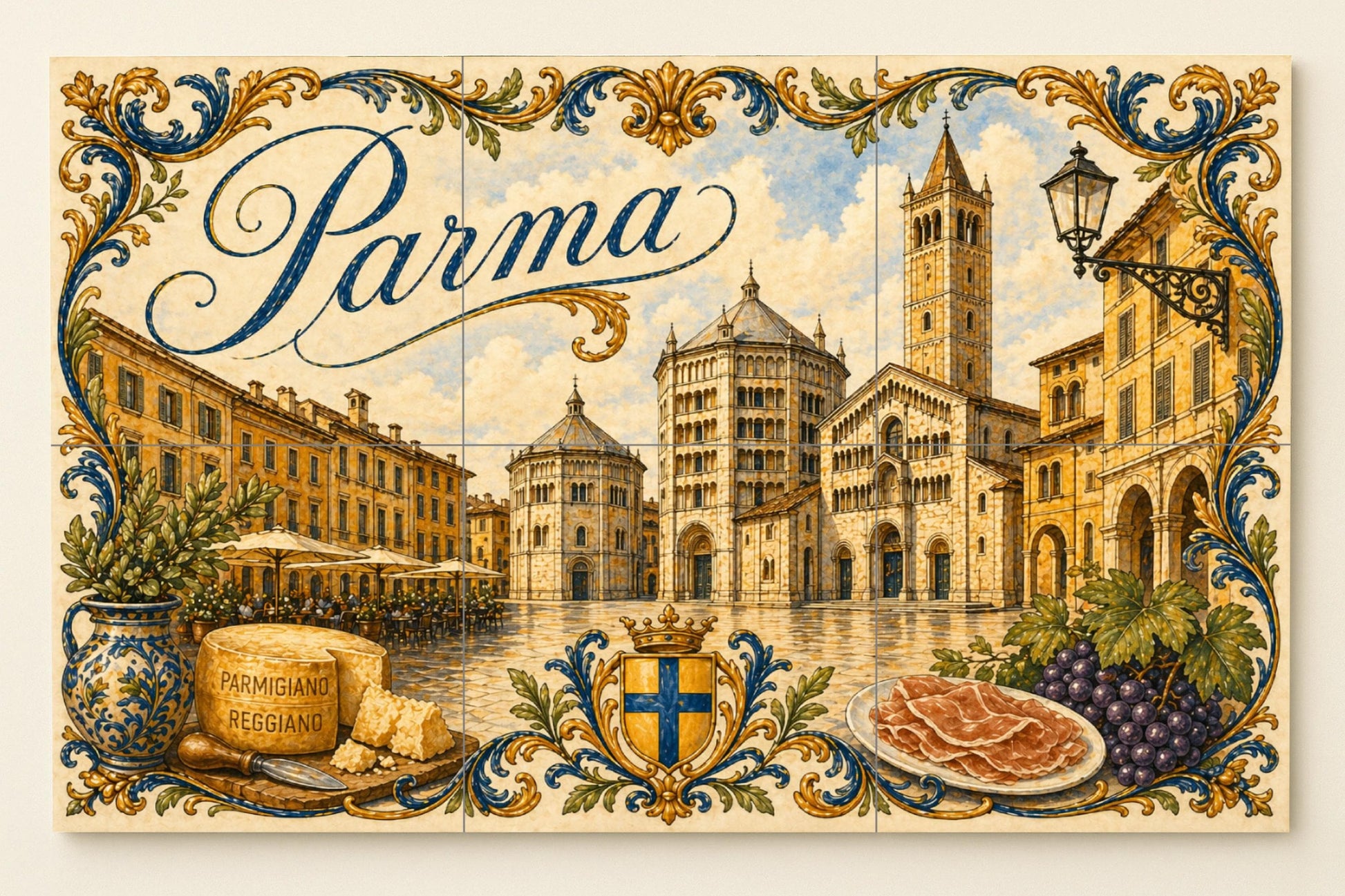 Parma, Italie, Art Mural culinario — Fresque Murale en Carreaux de Céramique · Panneau Mural Ornemental