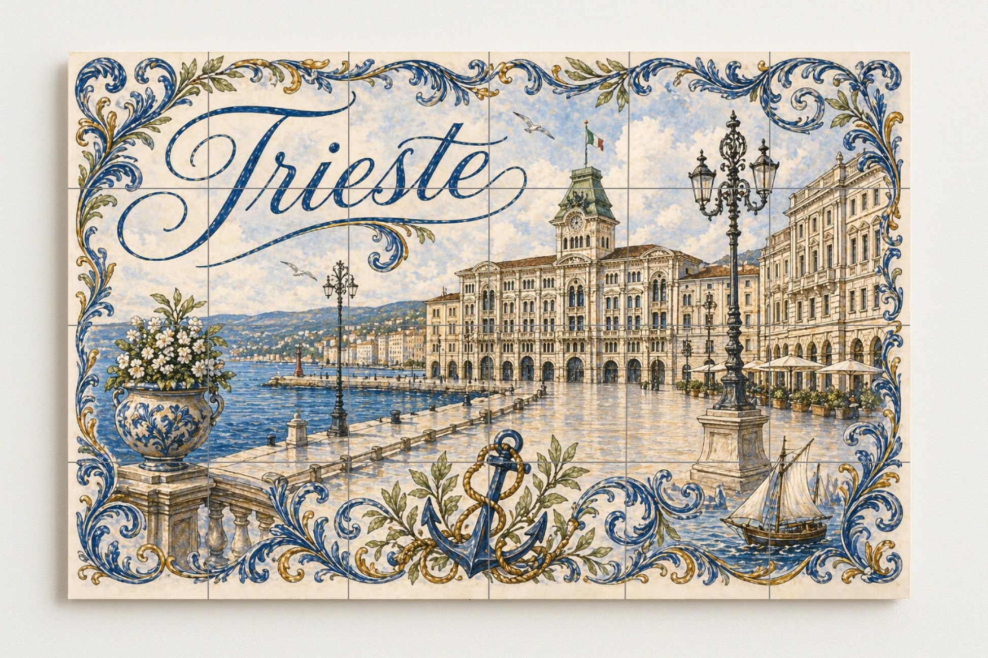 Mural de azulejos de cerámica de Trieste, Italia, arte mural costero…