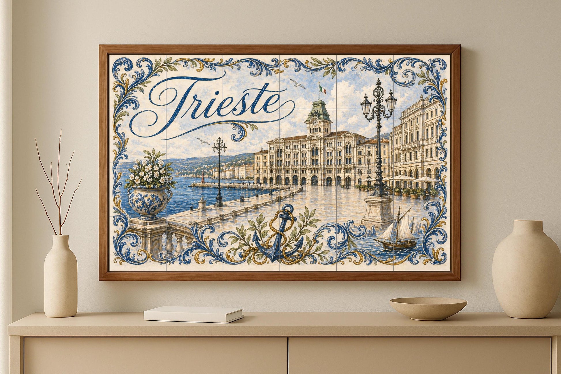 Mural de azulejos de cerámica de Trieste, Italia, arte mural costero…
