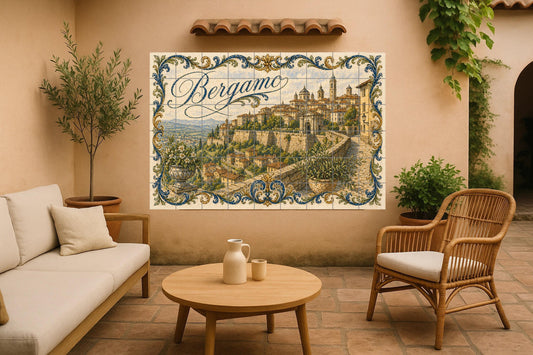 Mural de azulejos de cerámica de Bérgamo, Italia, arte mural de…