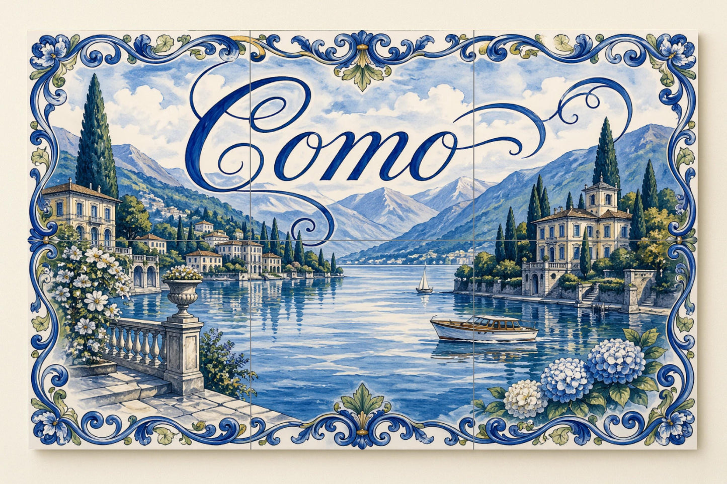 Mural de azulejos de cerámica del lago Como, Italia, arte mural a…