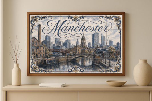 Manchester, England, Art Mural of patrim · Ceramic Wall Mural — Cityscape in Tile