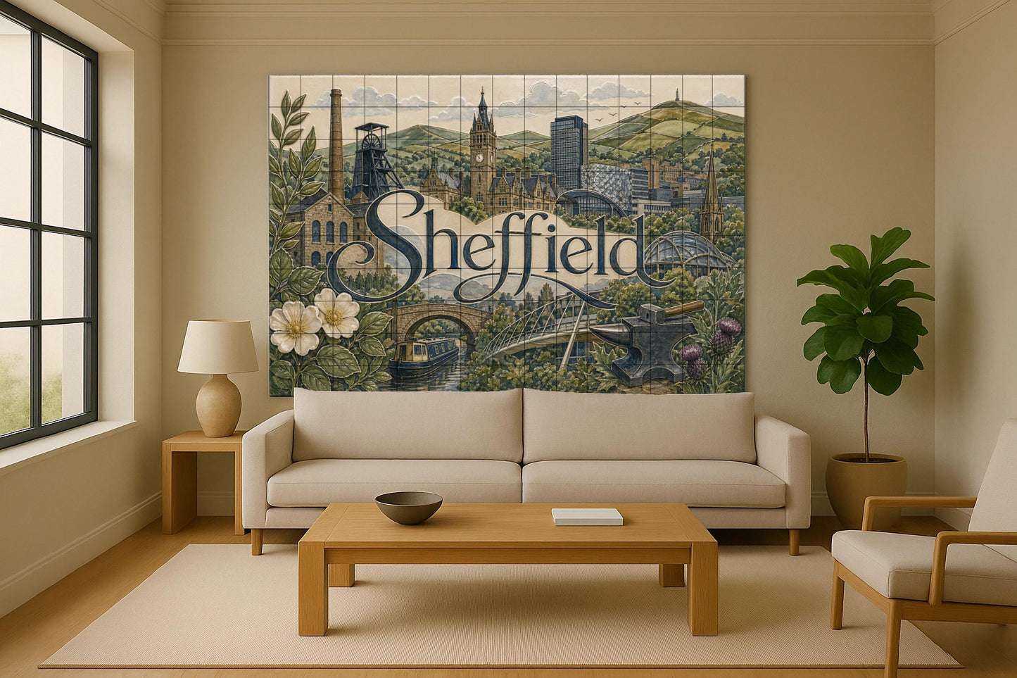 Ceramic Tile Mural: Sheffield, arte mural de estilo industrial i — Ornamental Wall Panel