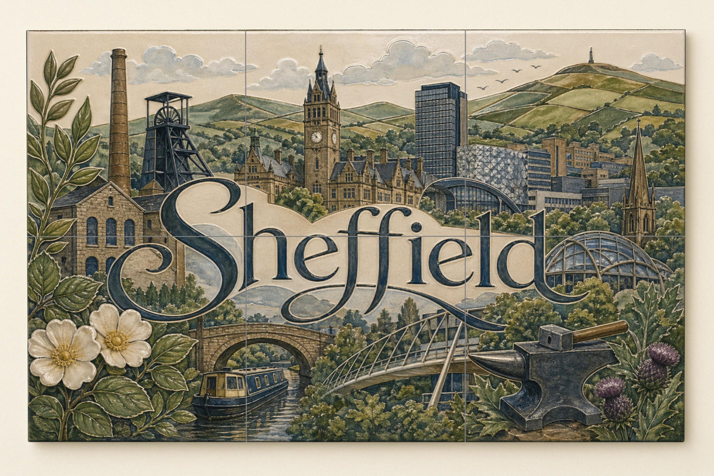 Ceramic Tile Mural: Sheffield, arte mural de estilo industrial i — Ornamental Wall Panel