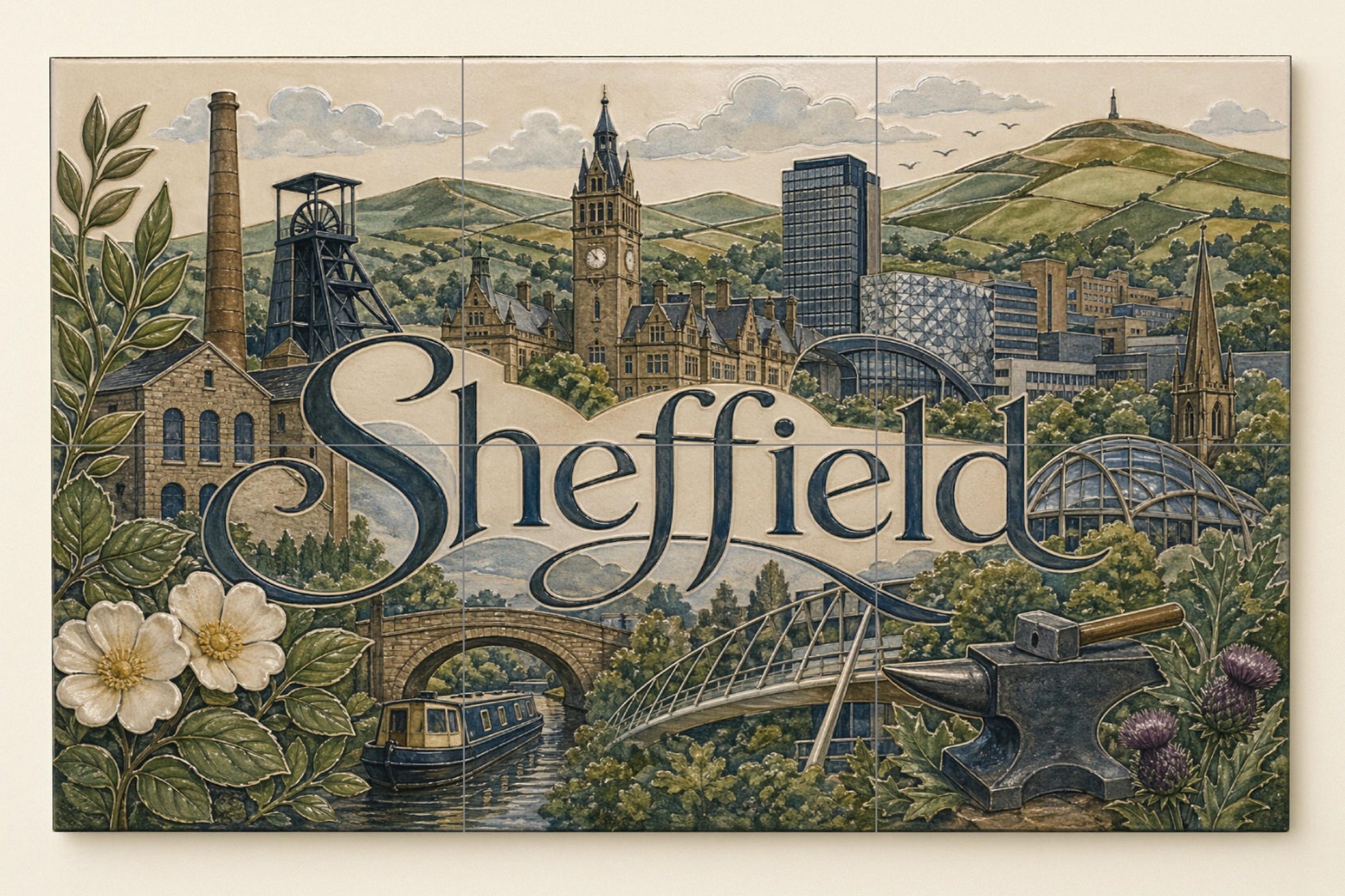 Ceramic Tile Mural: Sheffield, arte mural de estilo industrial i — Ornamental Wall Panel