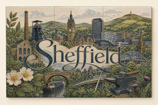 Ceramic Tile Mural: Sheffield, arte mural de estilo industrial i — Ornamental Wall Panel
