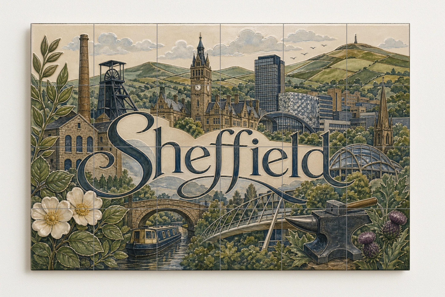 Ceramic Tile Mural: Sheffield, arte mural de estilo industrial i — Ornamental Wall Panel