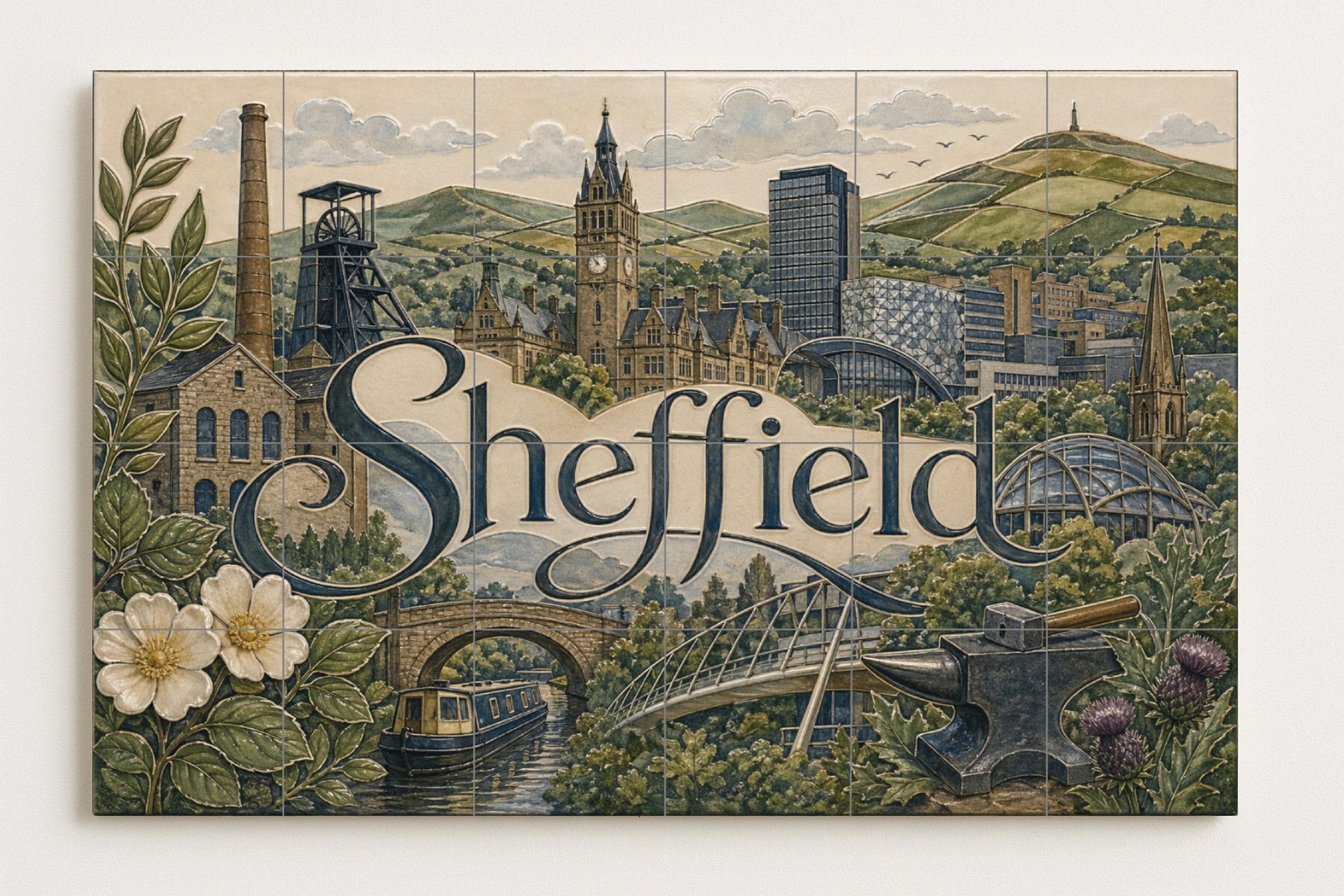 Ceramic Tile Mural: Sheffield, arte mural de estilo industrial i — Ornamental Wall Panel