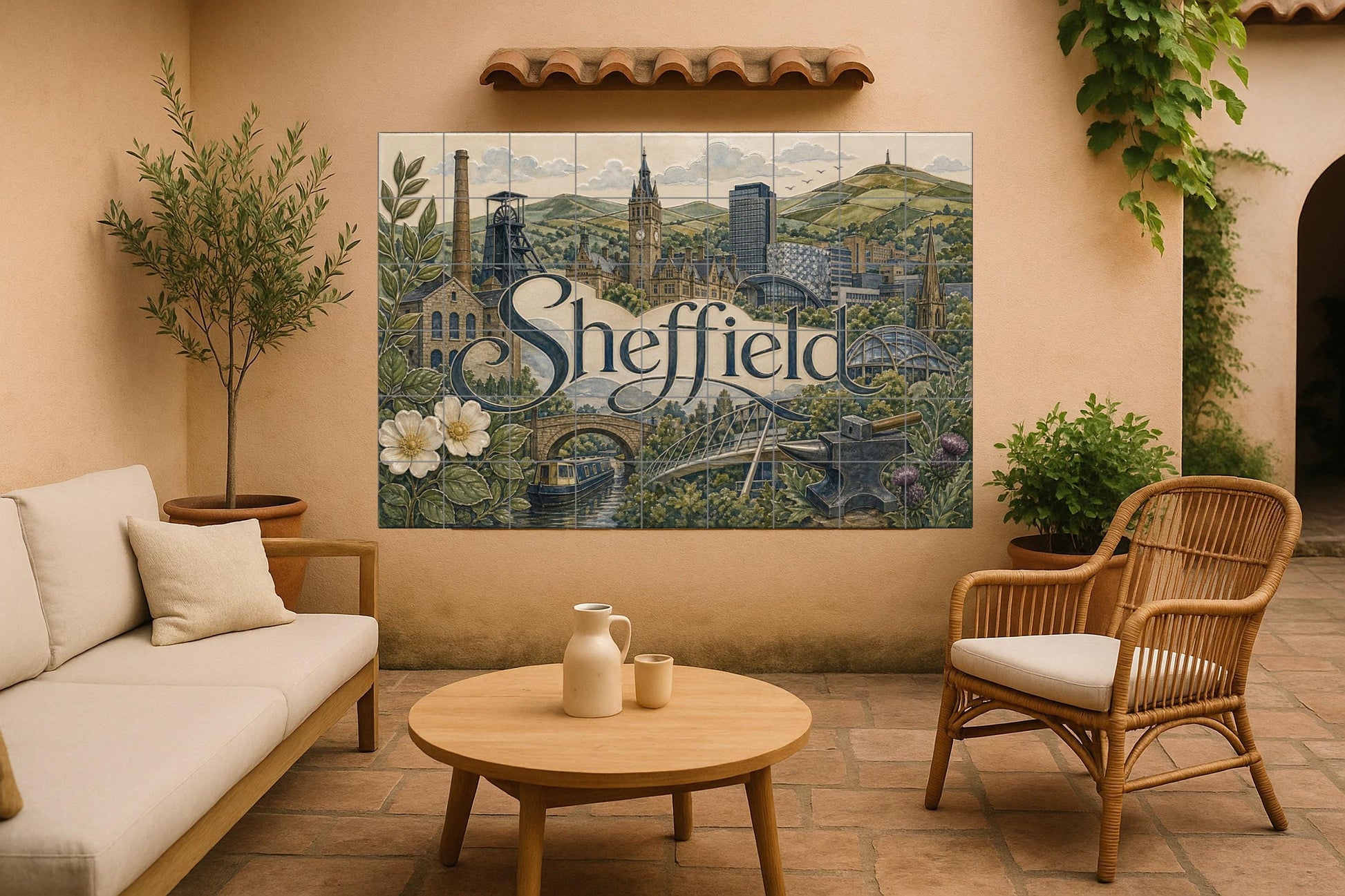 Ceramic Tile Mural: Sheffield, arte mural de estilo industrial i — Ornamental Wall Panel