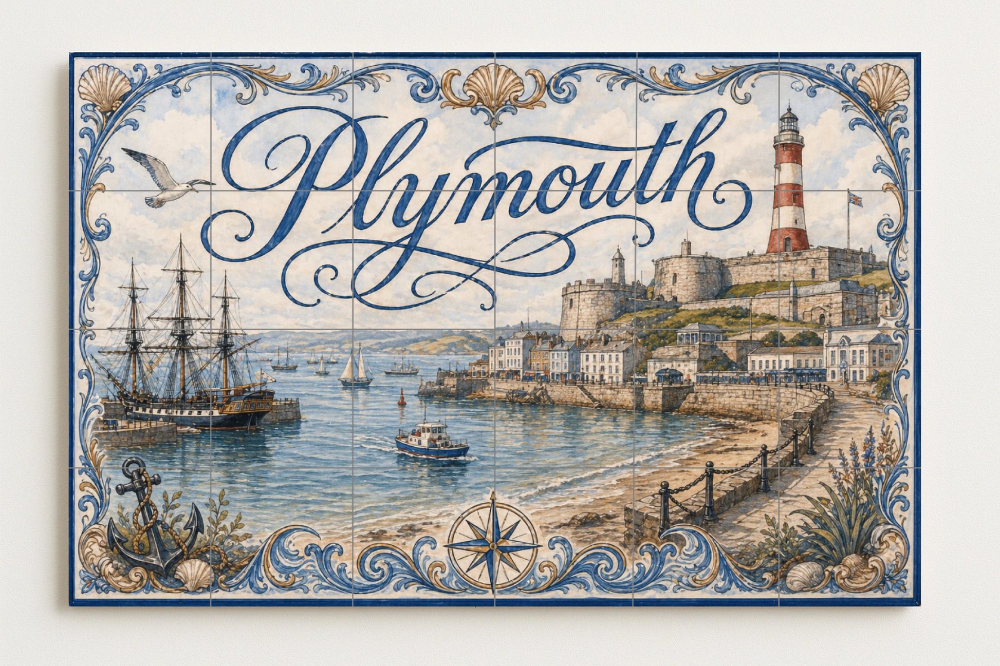 Mural de azulejos de cerámica de Plymouth, arte mural náutico…