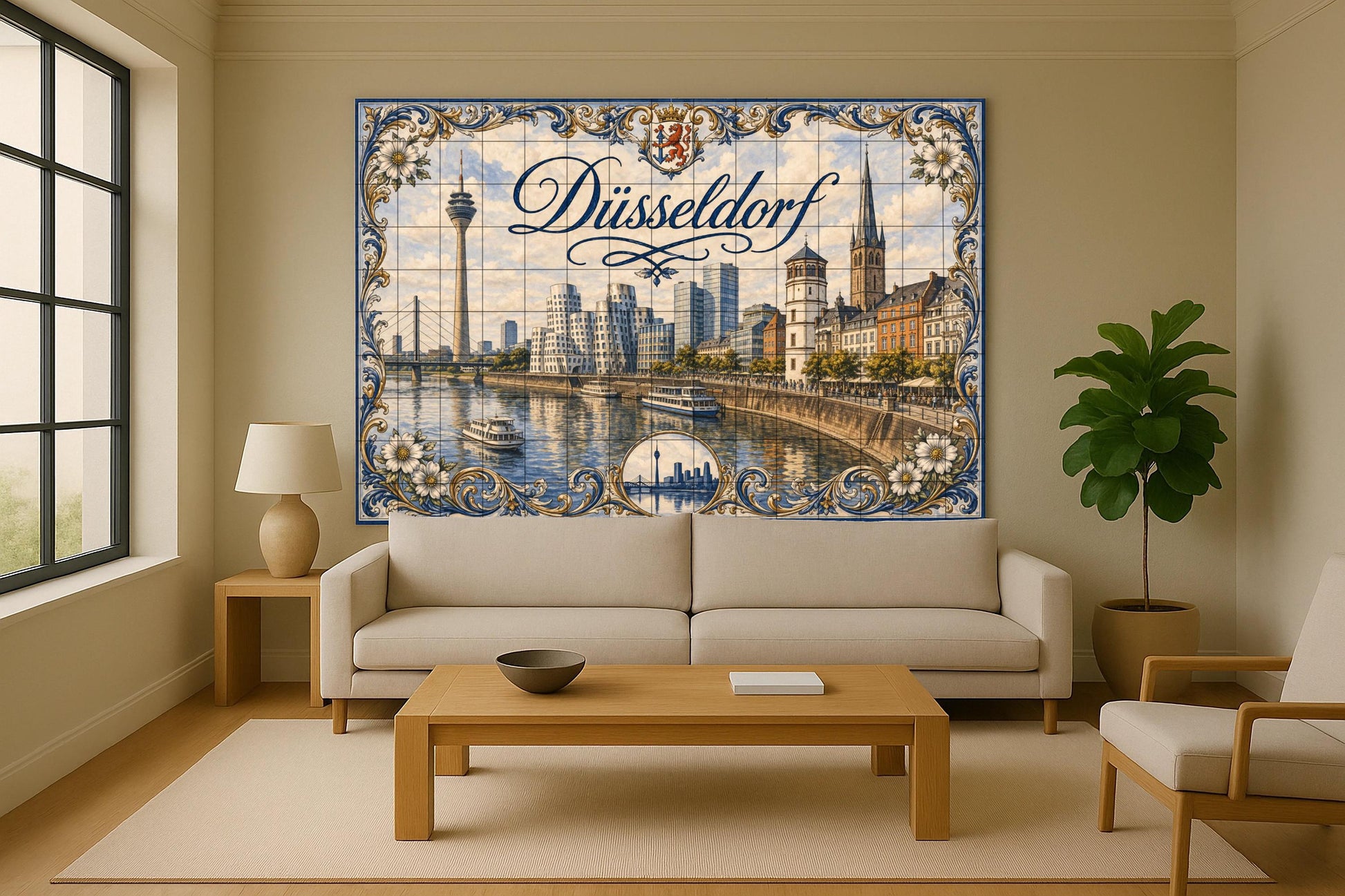 Düsseldorf, Deutschland, Landschaft Urban des Fluss · Keramik-Wandbild — Stadtansicht in Fliesen