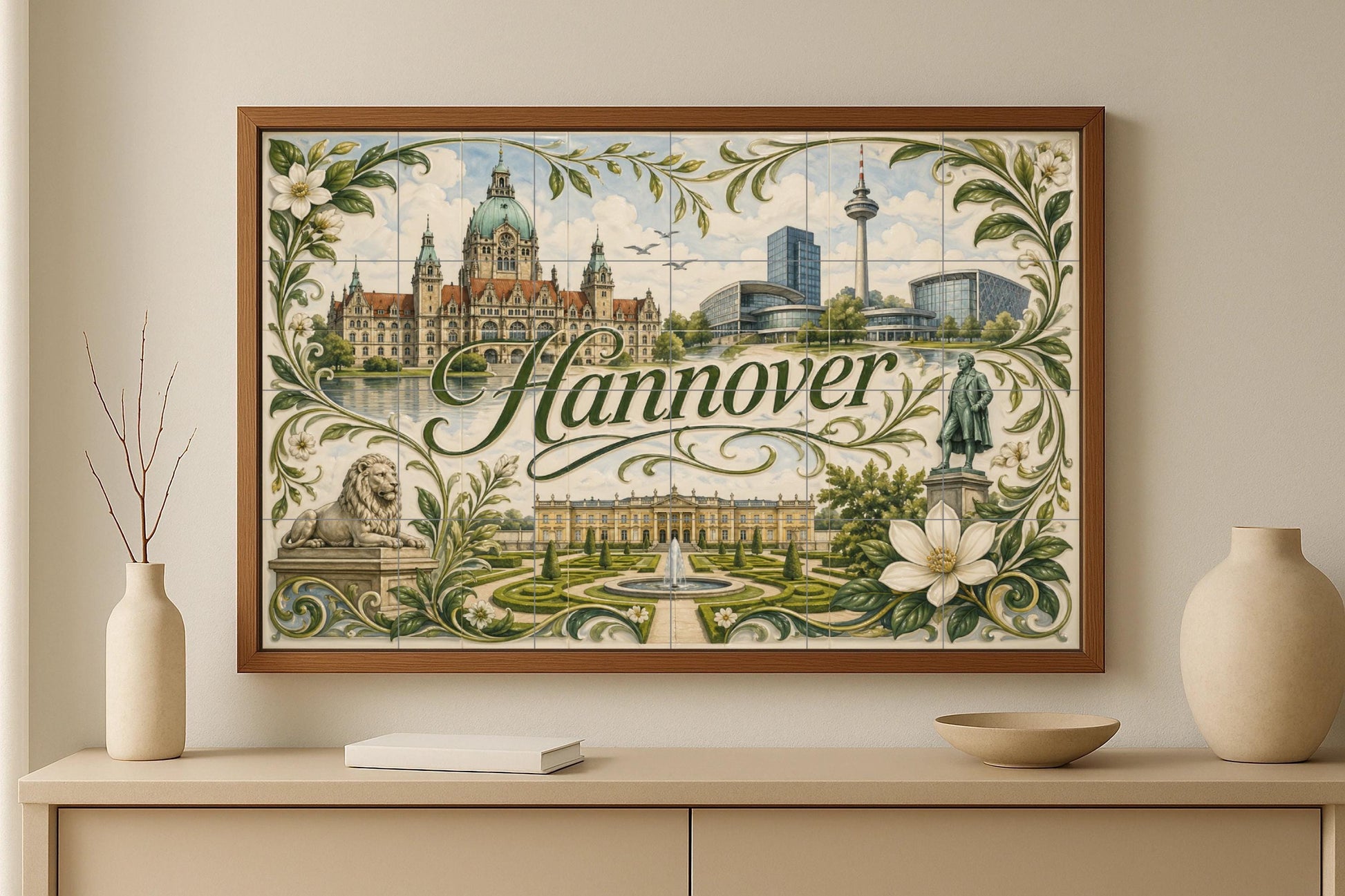 Hannover, Germany, Art Mural with Landscape u · Ceramic Wall Mural — Cityscape in Tile