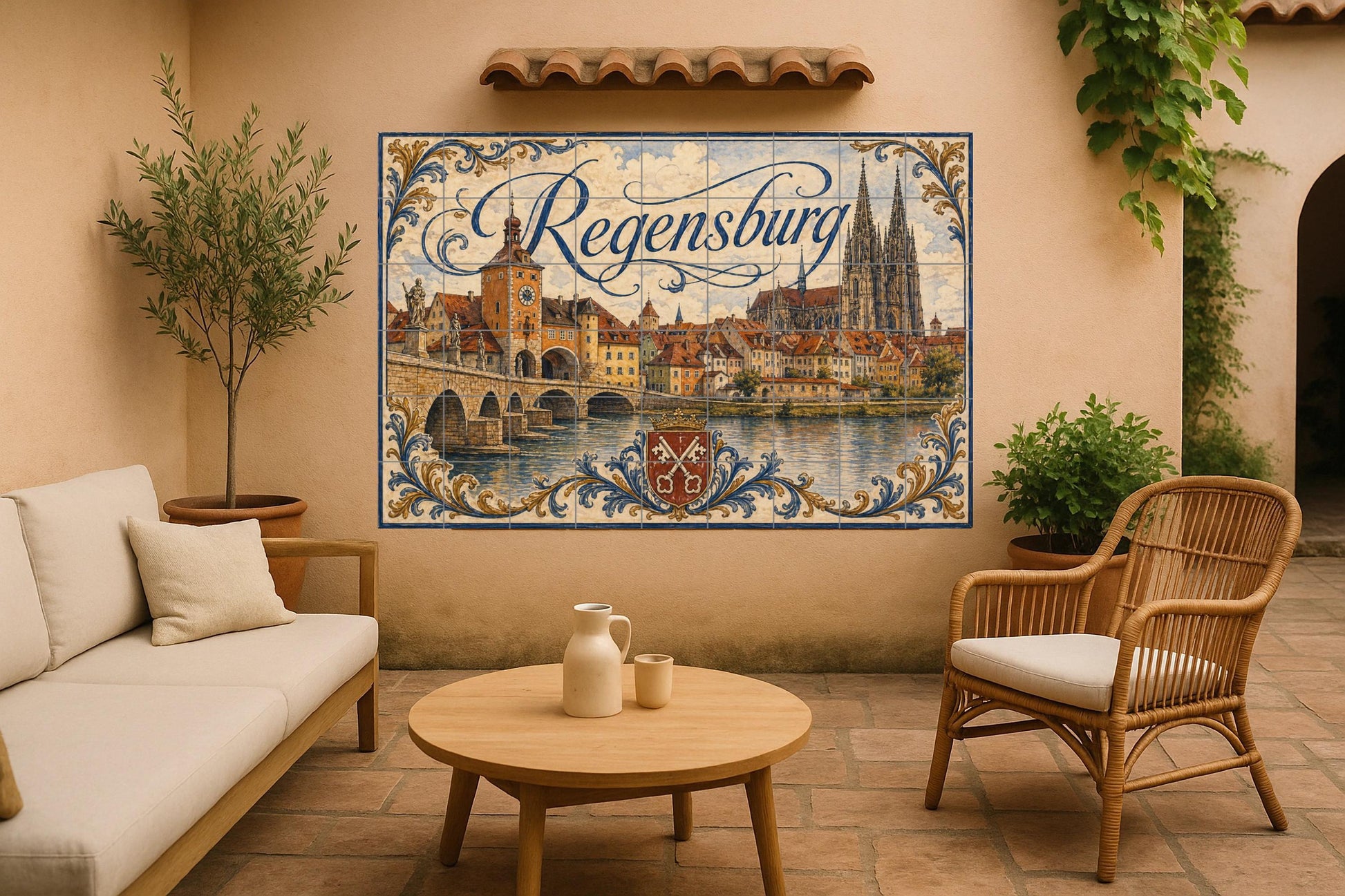 Mural de azulejos de cerámica de Ratisbona, arte mural de paisaje…