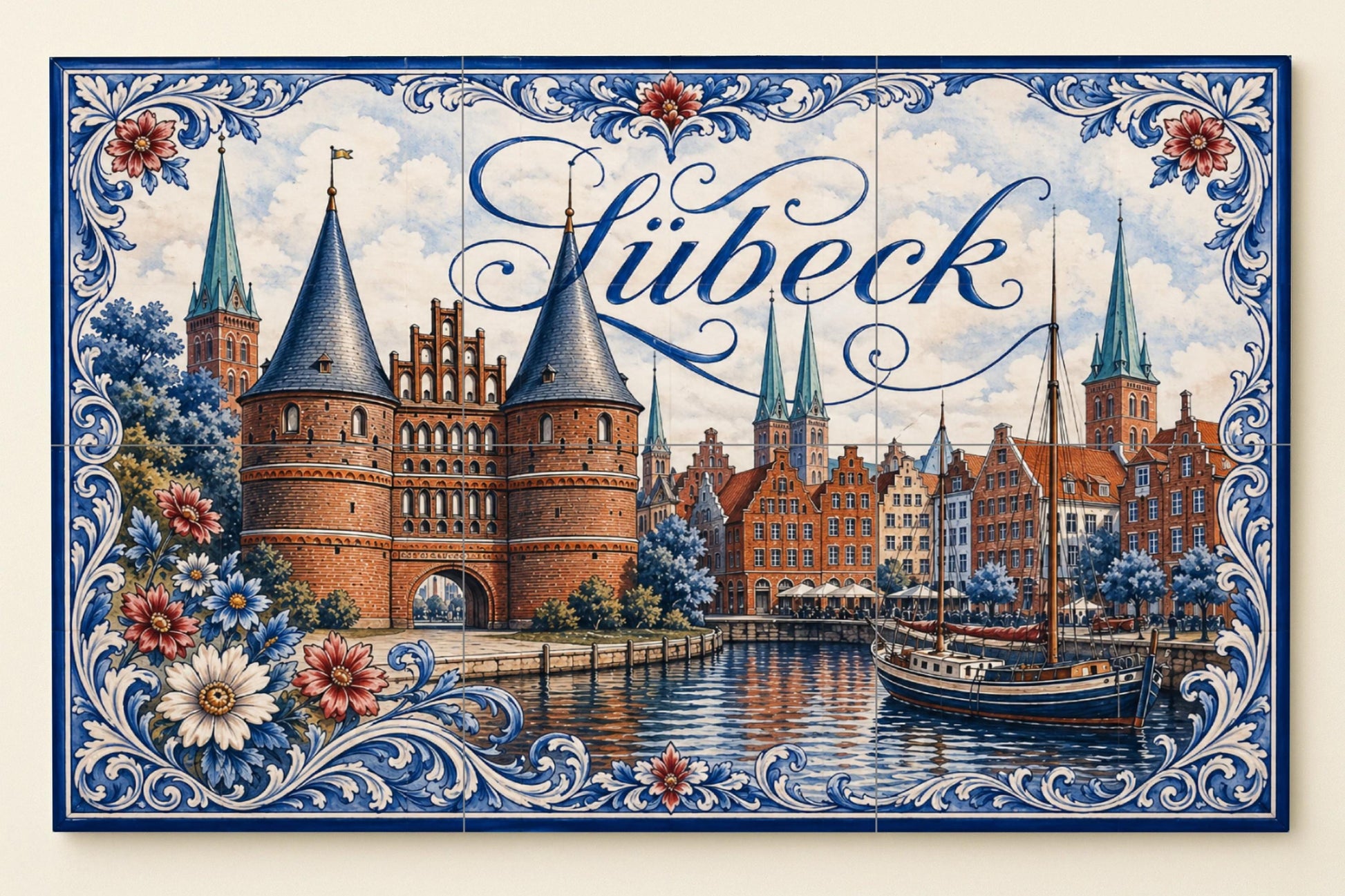 Lübeck, Art Mural du Port hanseático — Fresque Murale en Carreaux de Céramique · Scène de Bord de Mer