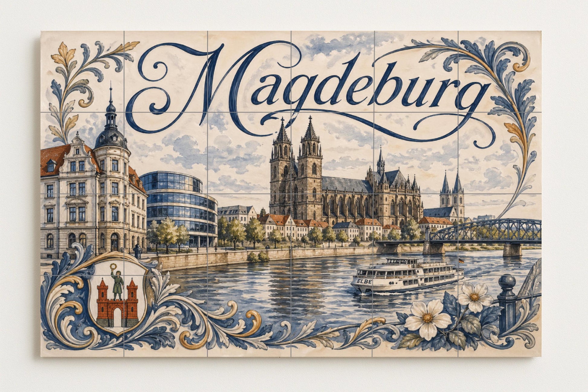 Mural de azulejos de cerámica de Magdeburgo, arte mural de paisaje…