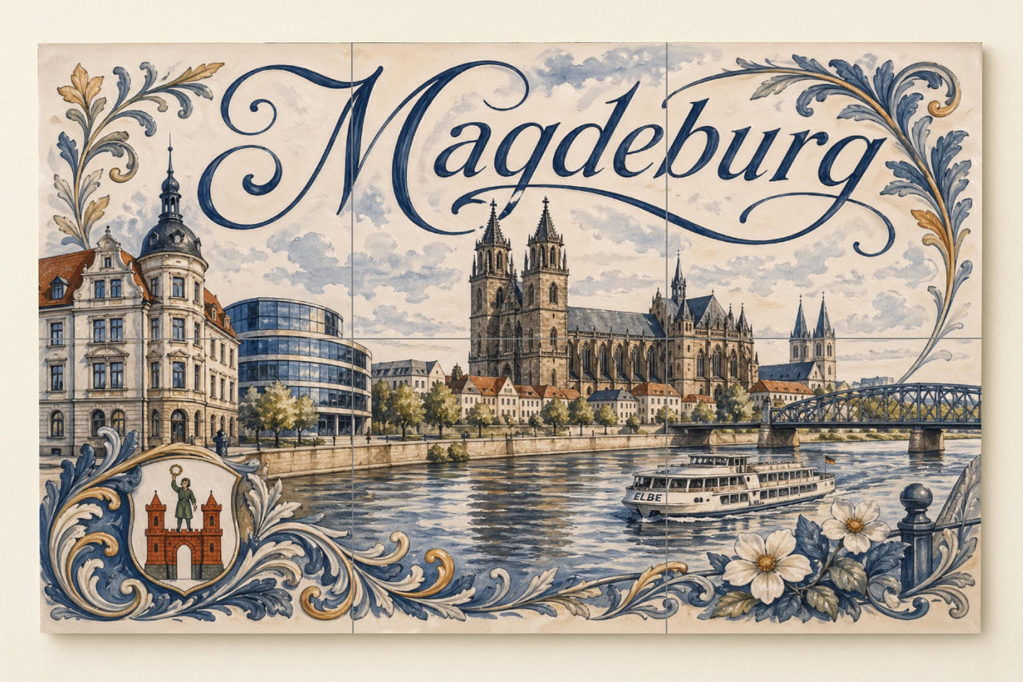 Mural de azulejos de cerámica de Magdeburgo, arte mural de paisaje…