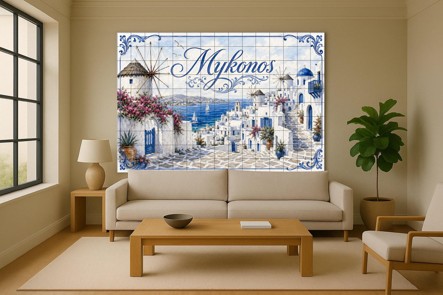 Mykonos, Art Mural Côtier Méditerranéen, pa · Fresque Céramique — Décor Mural Voyage