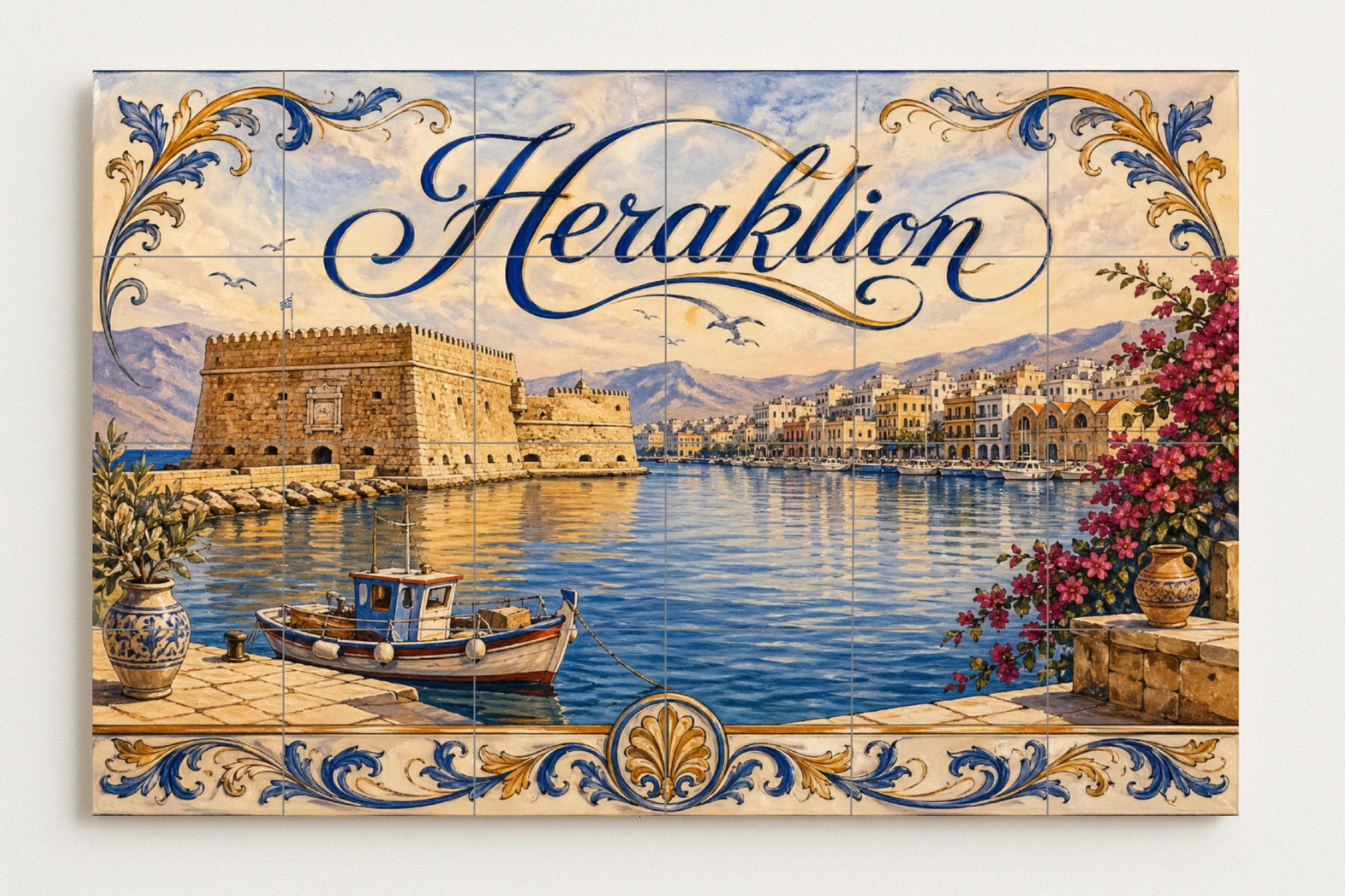 Mural de azulejos de cerámica de Heraklion, Creta, arte mural del…