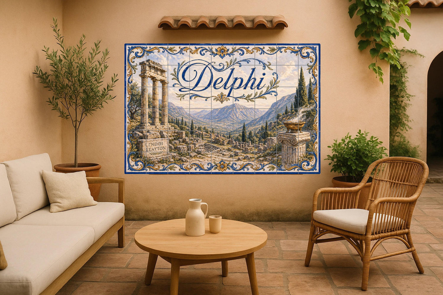 Mural de azulejos de cerámica de Delfos, Grecia, arte mural de ruinas…