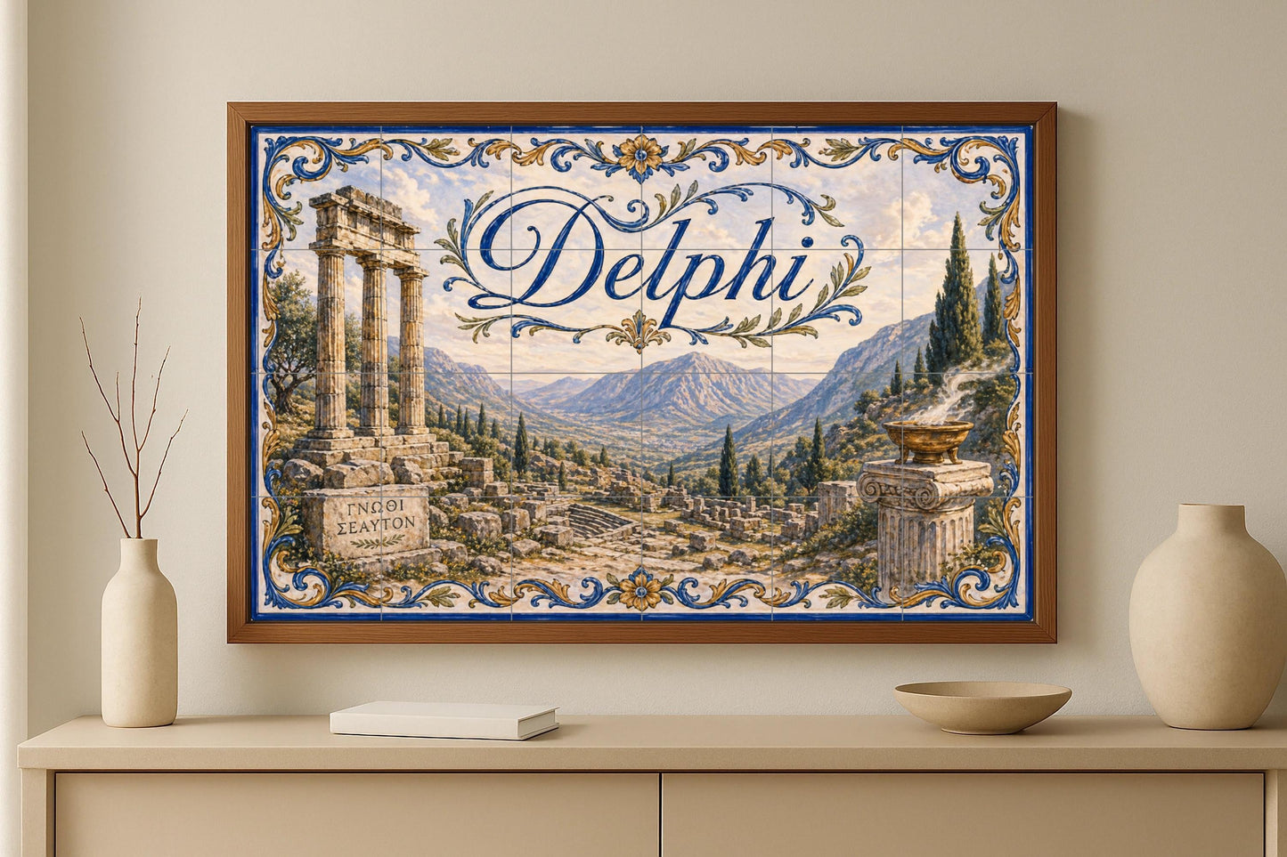 Mural de azulejos de cerámica de Delfos, Grecia, arte mural de ruinas…