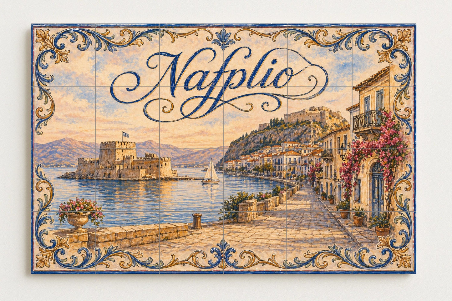 Nafplio, Grèce, Art Mural Côtier du puer · Fresque Céramique — Fresque de Monument