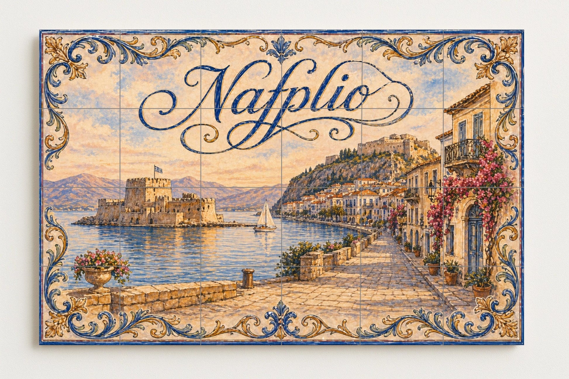 Nafplio, Grèce, Art Mural Côtier du puer · Fresque Céramique — Fresque de Monument