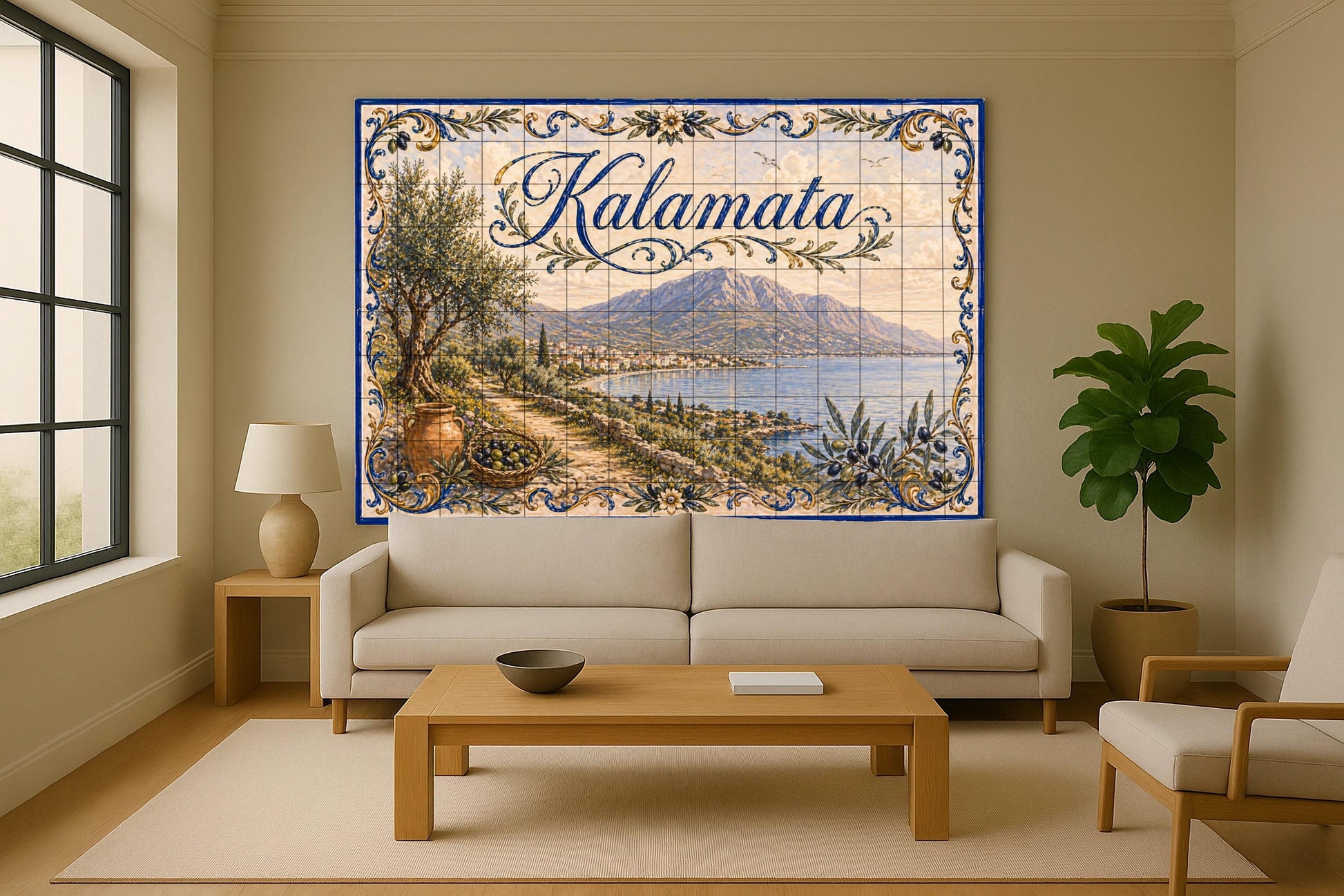 Kalamata, Grecia, arte mural de olivar medit · Fresque Céramique — Paysage Urbain en Carreaux