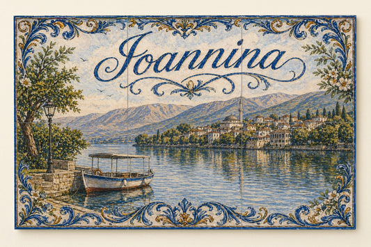 Mural de azulejos de cerámica de Ioannina, Grecia, arte mural junto…