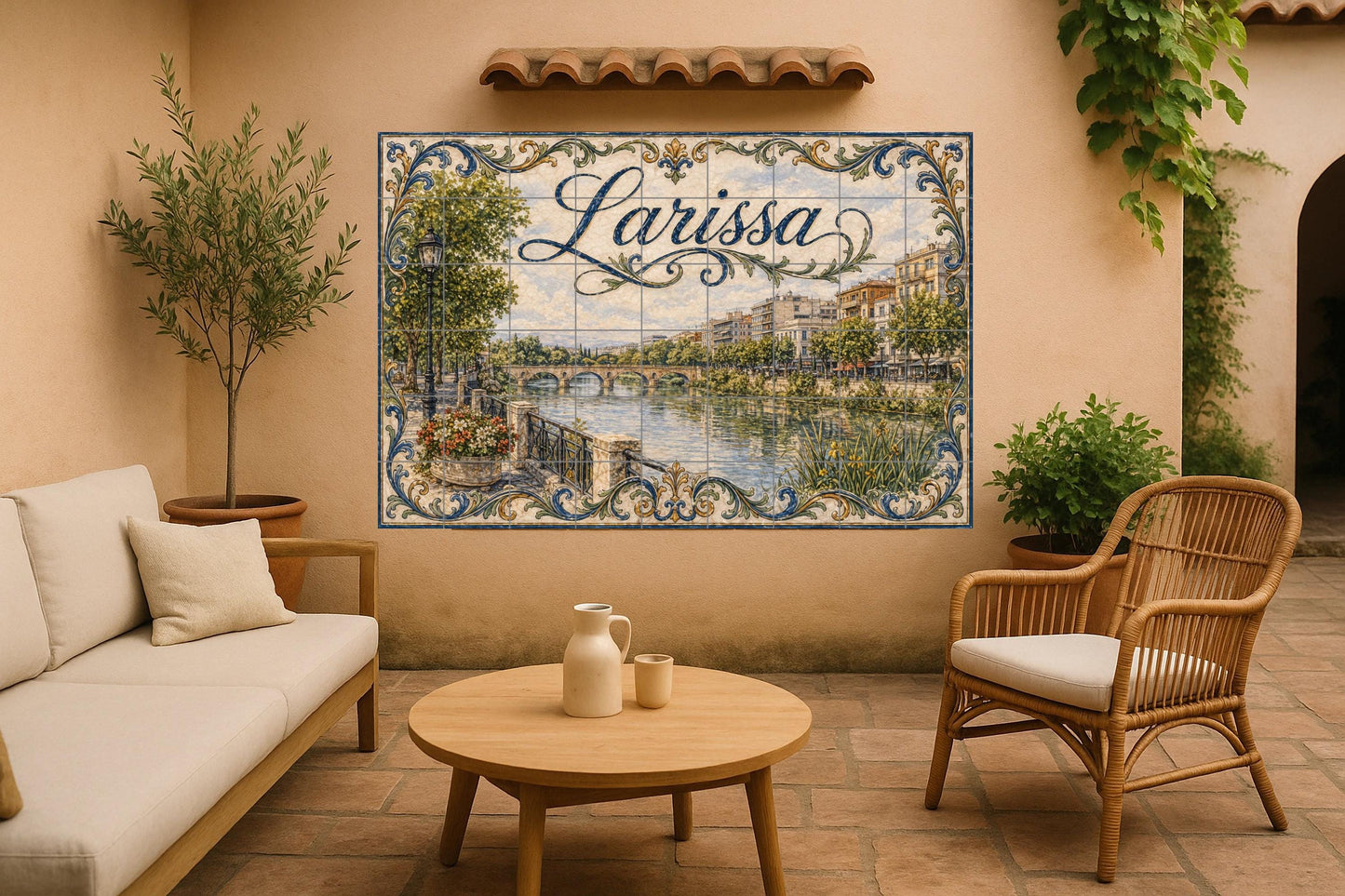 Larissa, Griechenland, Kunst Wandbild des Fluss Tesalia · Keramik-Wandbild — Städte & Monumente