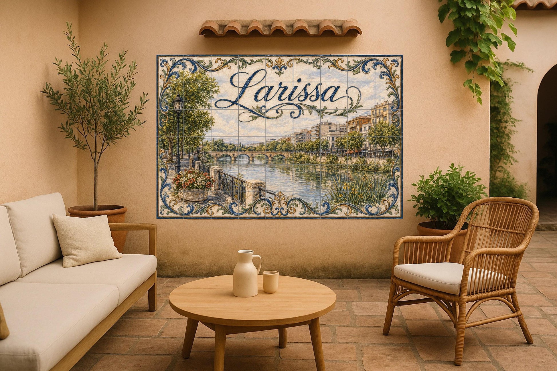 Larissa, Griechenland, Kunst Wandbild des Fluss Tesalia · Keramik-Wandbild — Städte & Monumente