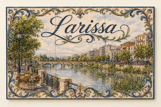 Ceramic Tile Mural: Larissa, Greece, Art Mural of the River Tesalia — Cityscape in Tile