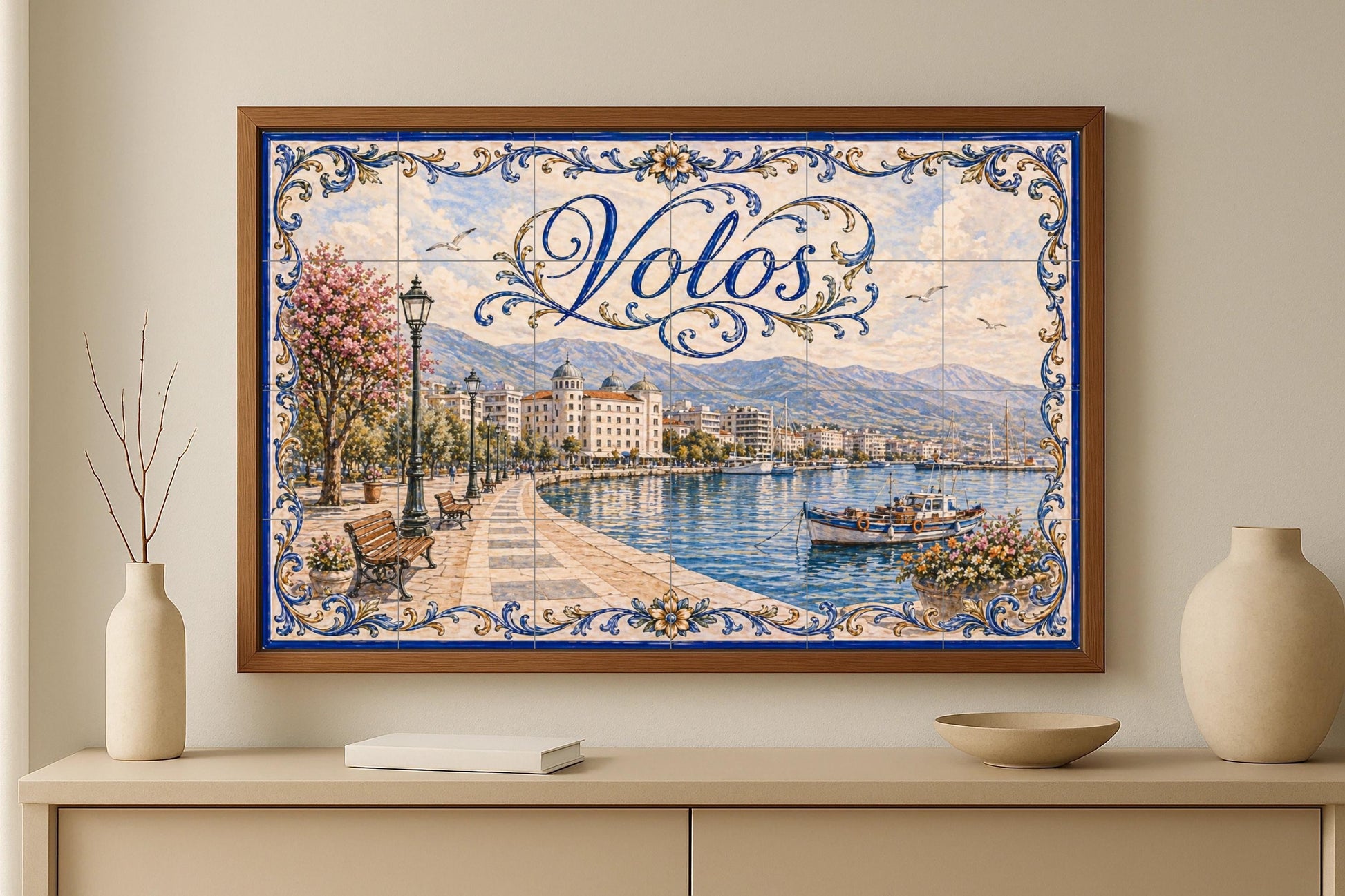 Volos, Greece, Art Mural of the Harbour Greek — City & Landmark Art · Tile Wall Art