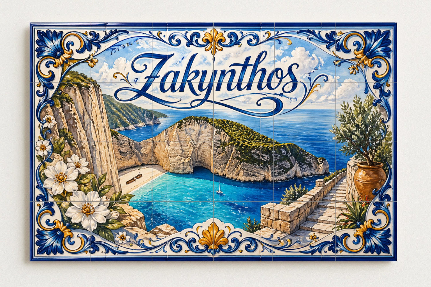 Zakynthos, Griechenland, Kunst Wandbild von die Strand — Fliesen-Wandbild aus Keramik · Städte & Monumente