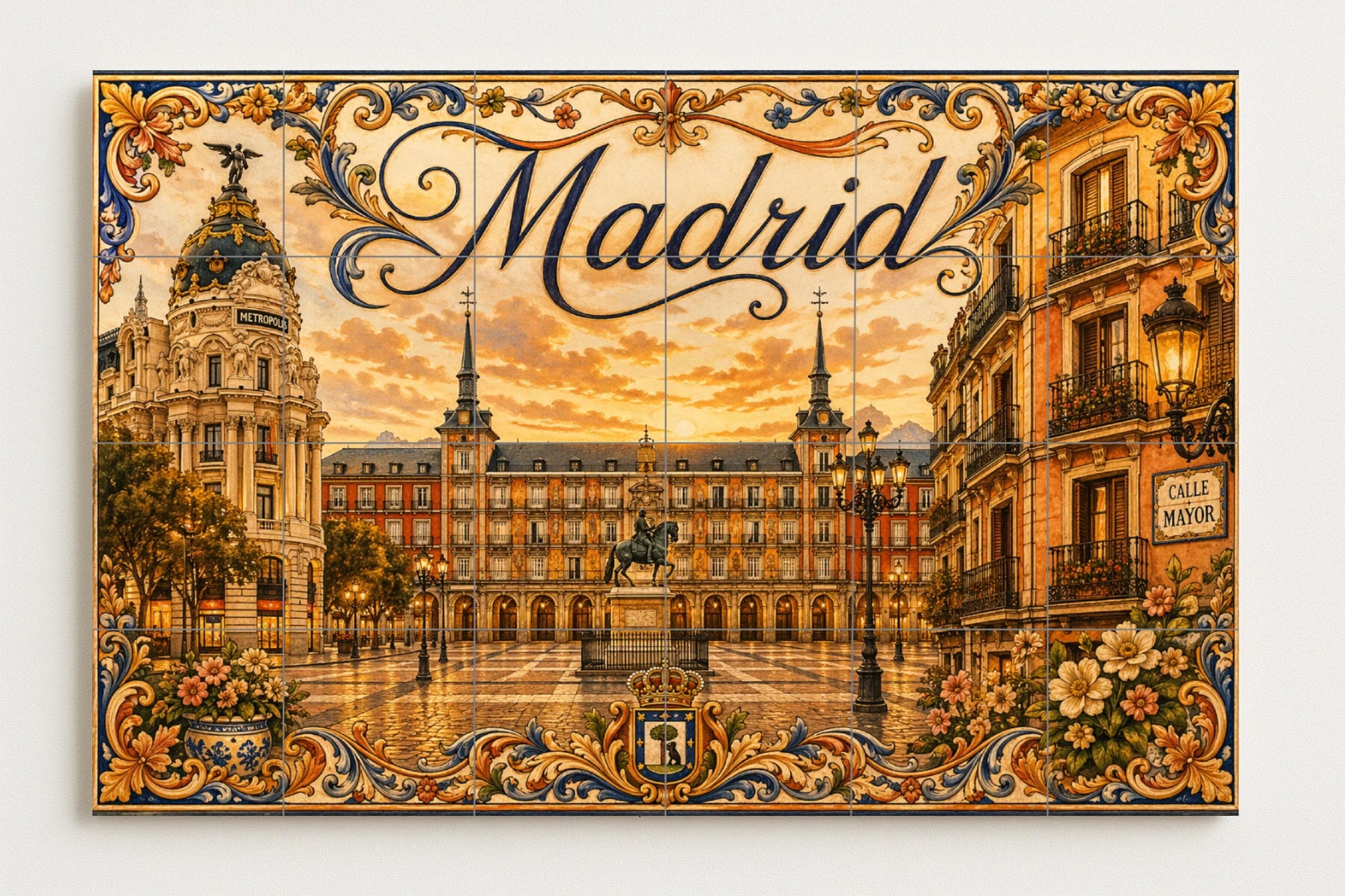Mural de azulejos de cerámica de la Plaza Mayor de Madrid, decoración…