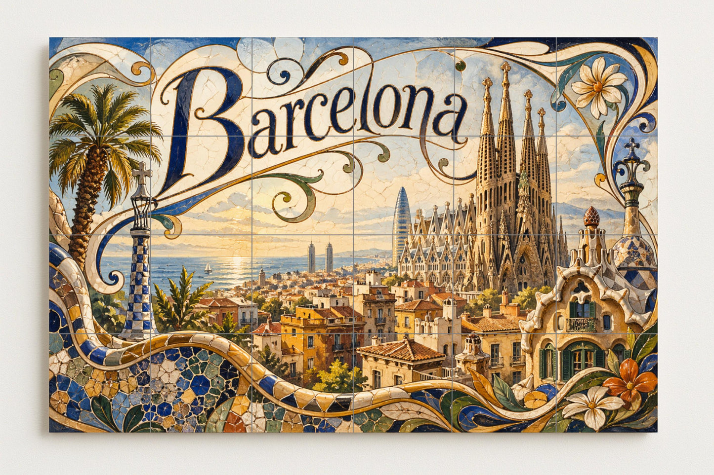 Mural de azulejos cerámicos de la Sagrada Familia de Barcelona…