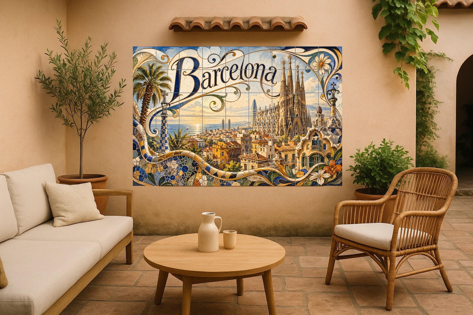 Mural de azulejos cerámicos de la Sagrada Familia de Barcelona…