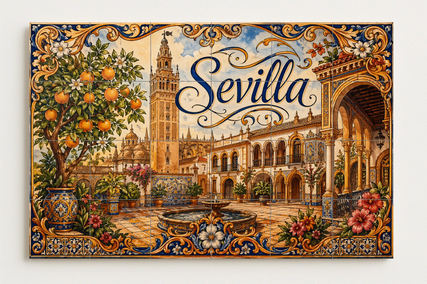 Mural de azulejos cerámicos de La Giralda de Sevilla, decoración de…