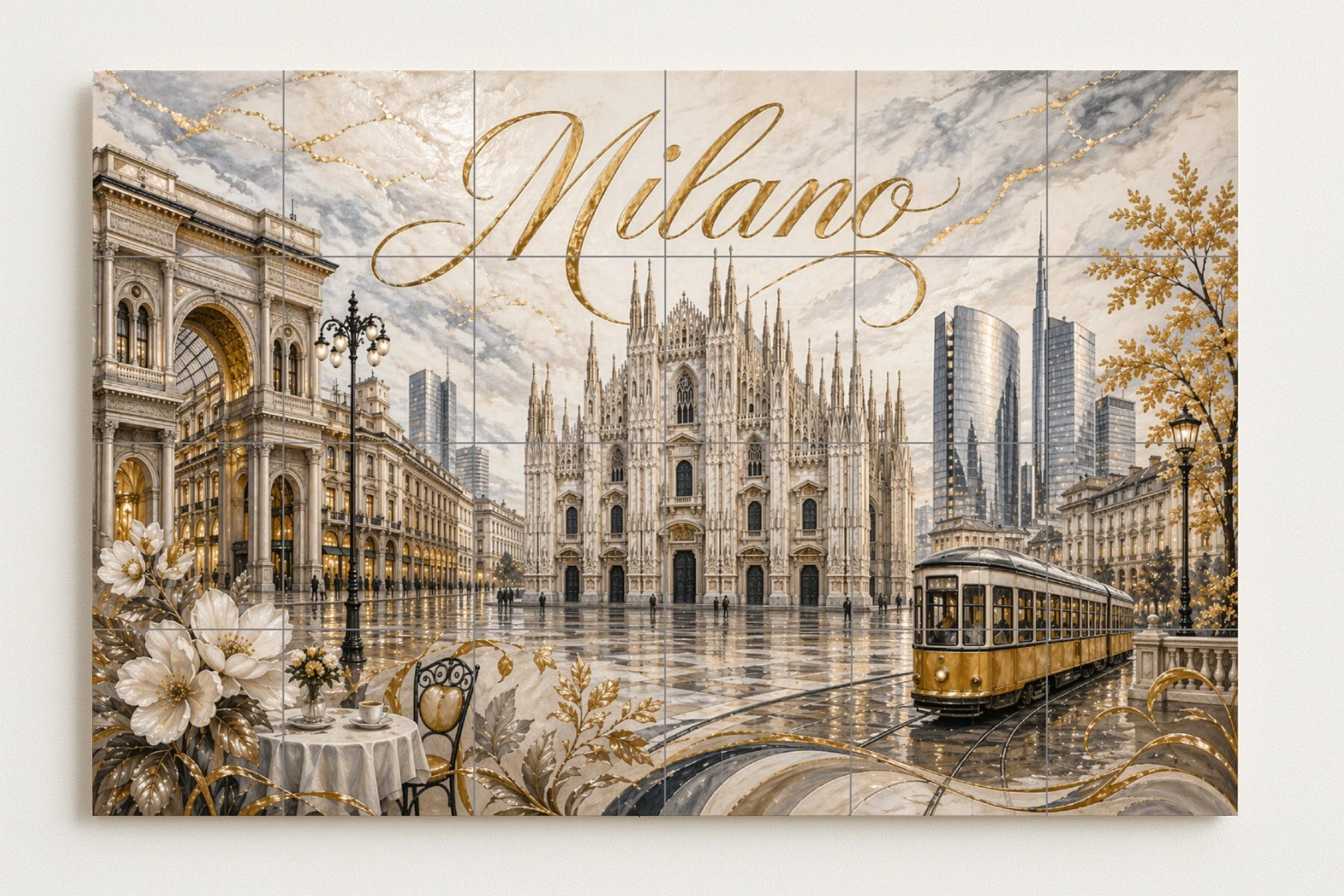 Del Duomo de Milán, elegante decoración de pare — Fresque Murale en Carreaux de Céramique · Villes et Monuments