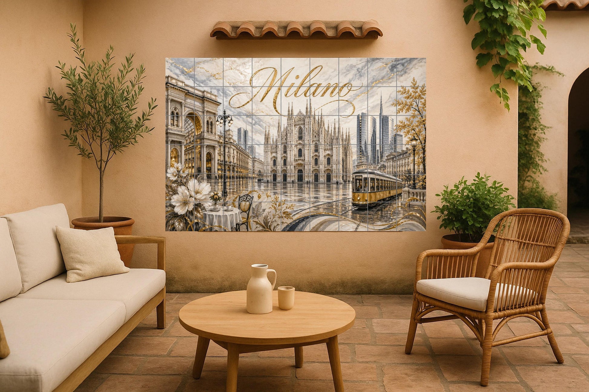 Del Duomo de Milán, elegante decoración de pare — Fresque Murale en Carreaux de Céramique · Villes et Monuments