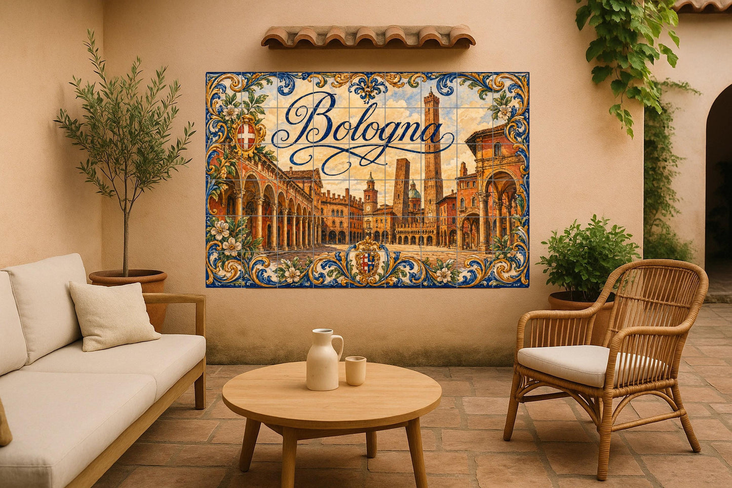 Torres medievales de Bolonia, decoración — Murale in Piastrelle di Ceramica · Paesaggio Urbano in Piastrelle