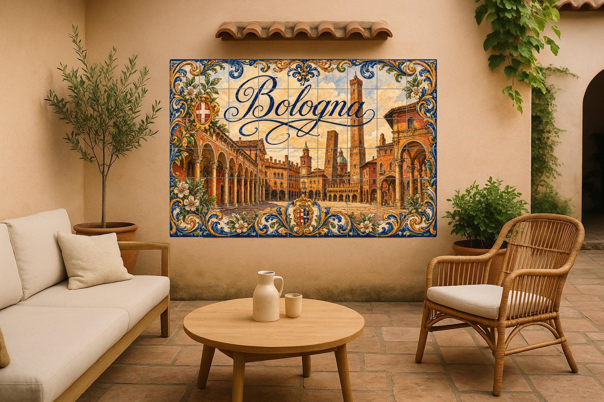 Torres medievales de Bolonia, decoración — Murale in Piastrelle di Ceramica · Paesaggio Urbano in Piastrelle