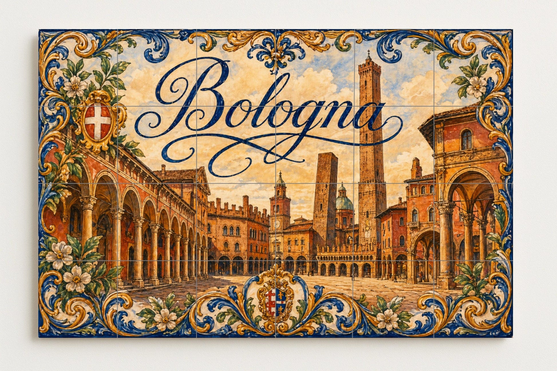 Torres medievales de Bolonia, decoración — Murale in Piastrelle di Ceramica · Paesaggio Urbano in Piastrelle