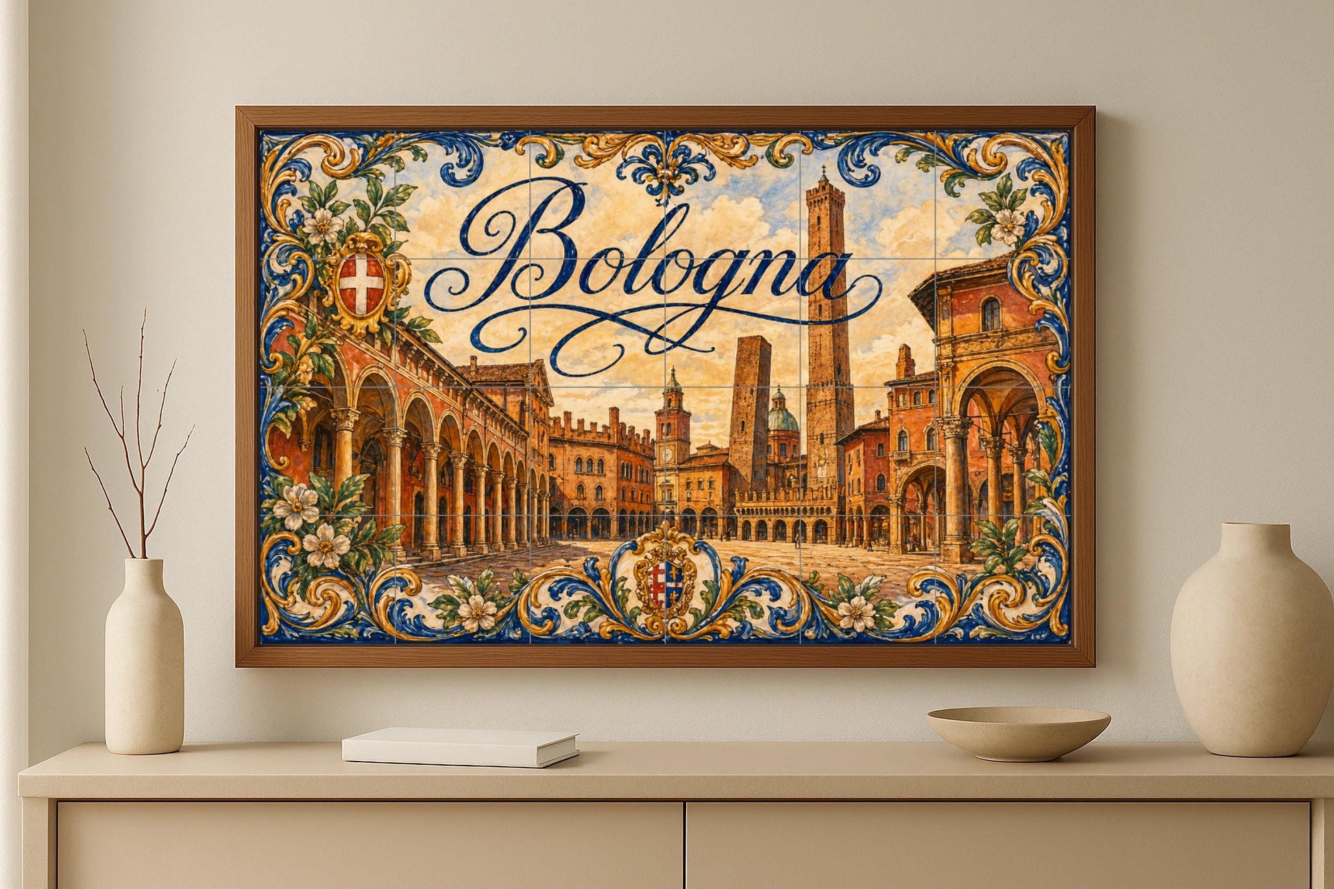 Torres medievales de Bolonia, decoración — Murale in Piastrelle di Ceramica · Paesaggio Urbano in Piastrelle