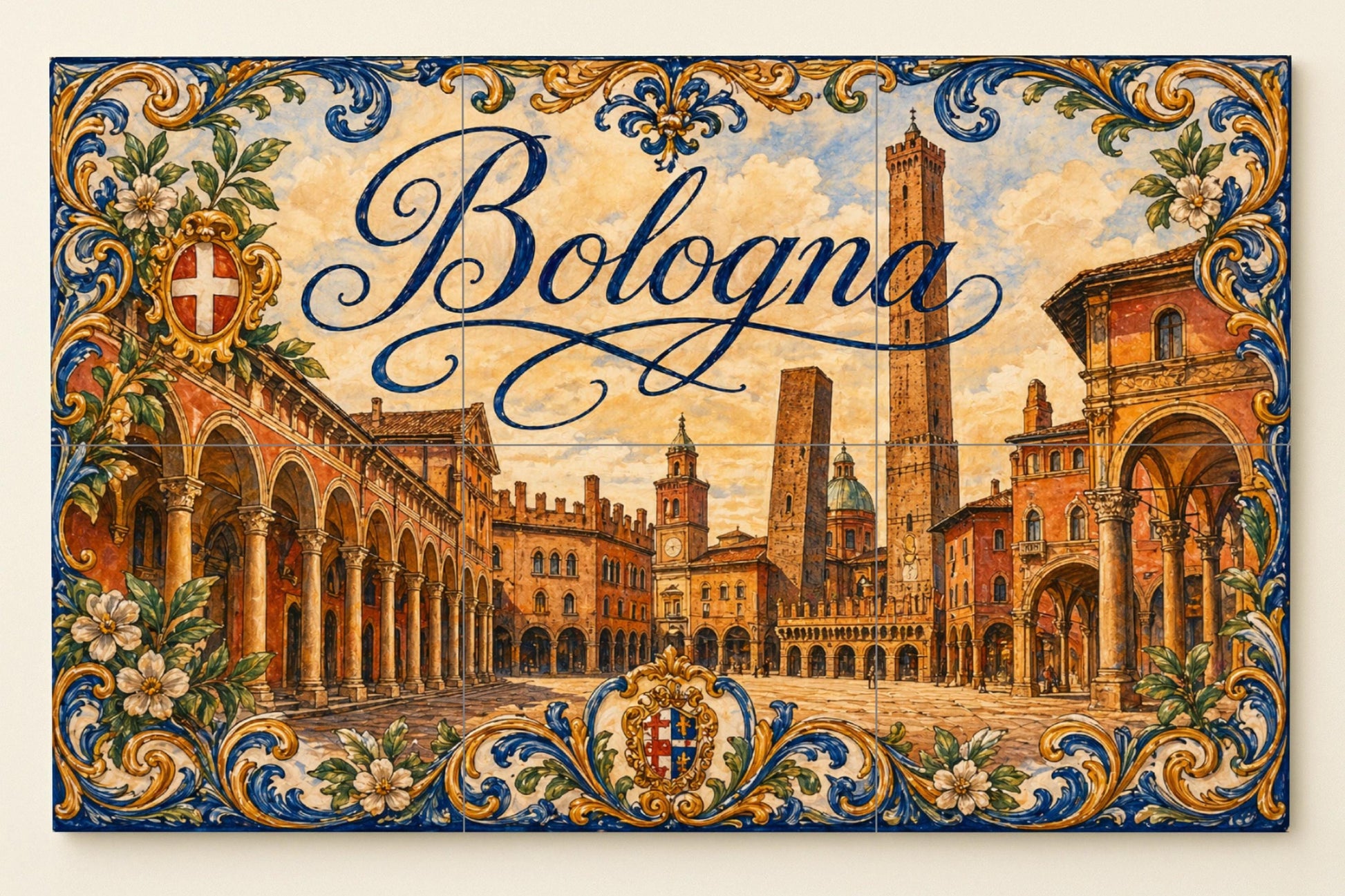 Torres medievales de Bolonia, decoración — Murale in Piastrelle di Ceramica · Paesaggio Urbano in Piastrelle