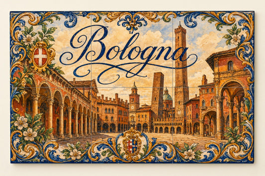 Mural de azulejos de cerámica con torres medievales de Bolonia…