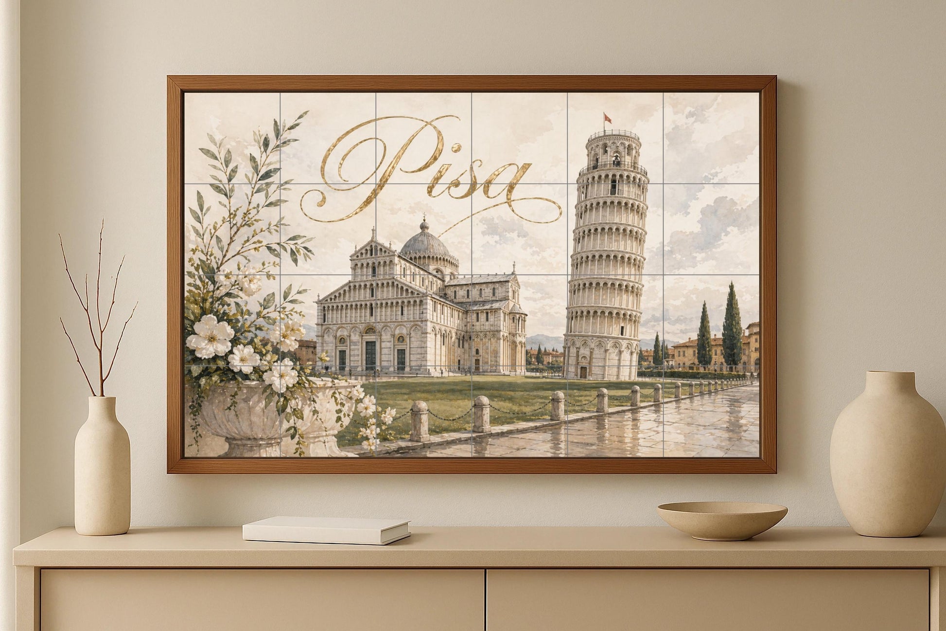 Ceramic Tile Mural: Tower Inclinada of Pisa, Elegant decorac — Cityscape in Tile